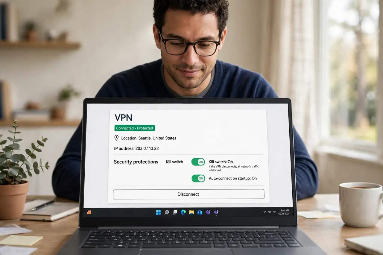 A person at a real laptop showing a VPN app with a legible kill switch toggle switched on, the person's face reassured, home office with soft light.