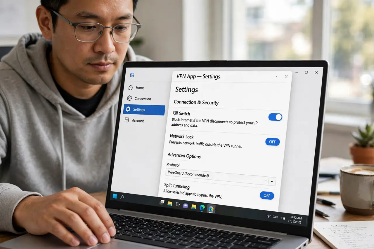 A person performing step 1 of the guide: Find the kill switch in settings. Open your VPN app's settings and look for kill switch, network lock, or similar wording. Most...