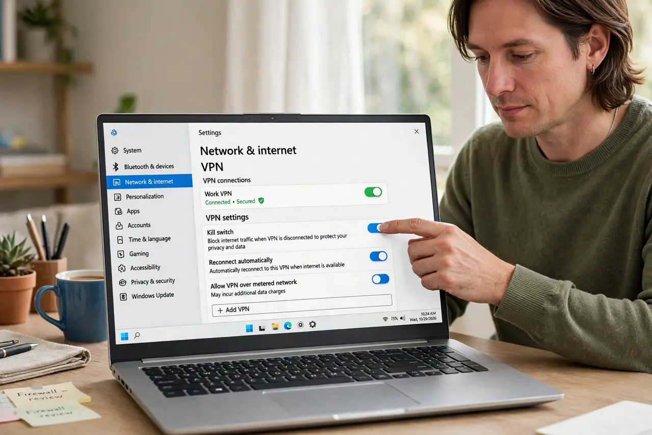 a calm adult at a desk with a real laptop, the screen showing a normal VPN settings page with a kill switch toggle and legible text, the person enabling it