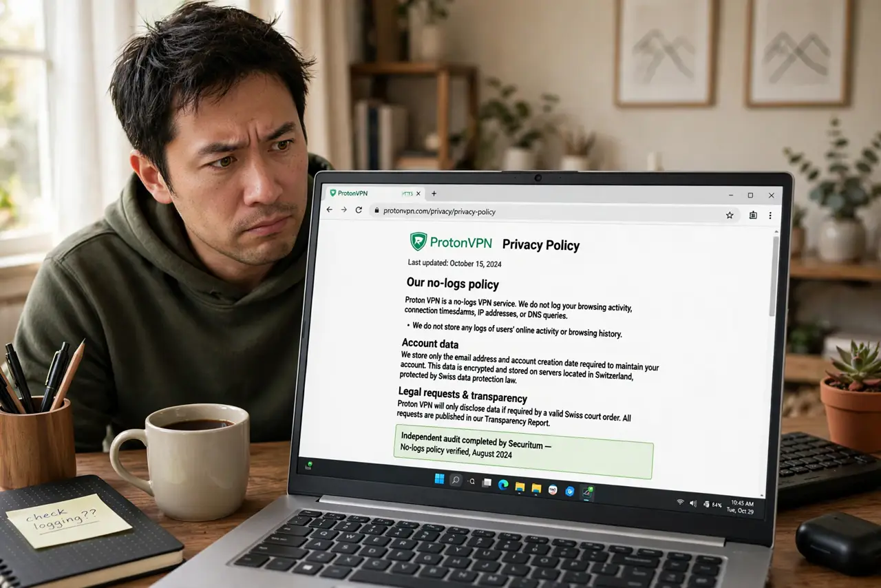A person at a desk looking at a real laptop showing a VPN provider's privacy policy page with legible text, the