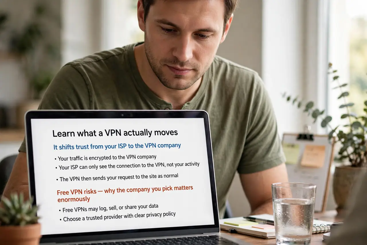 A person performing the first step of the guide: Learn what a VPN actually moves.