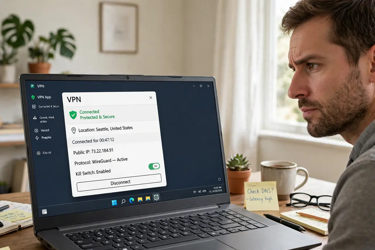 a person at a real desk with a laptop showing a legible VPN app connected screen, the person's face skeptical but informed, home office.