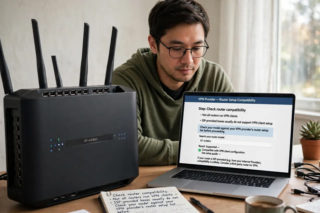 A person performing step 1: Check router compatibility. Not all routers run VPN clients — ISP-provided boxes usually do not. Check your mo.