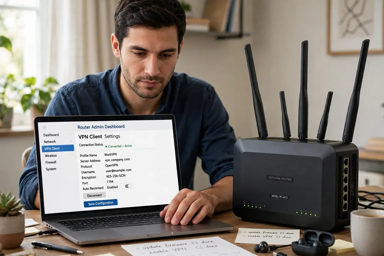 A person configuring a real router's admin page on a real laptop with legible VPN client settings, the router with antennas beside the laptop, the person's face determined,.