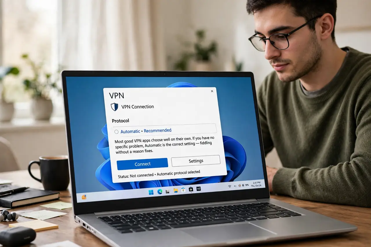 A person performing step 1: Start with Automatic. Most good VPN apps choose well on their own. If you have no specific problem, Automatic .