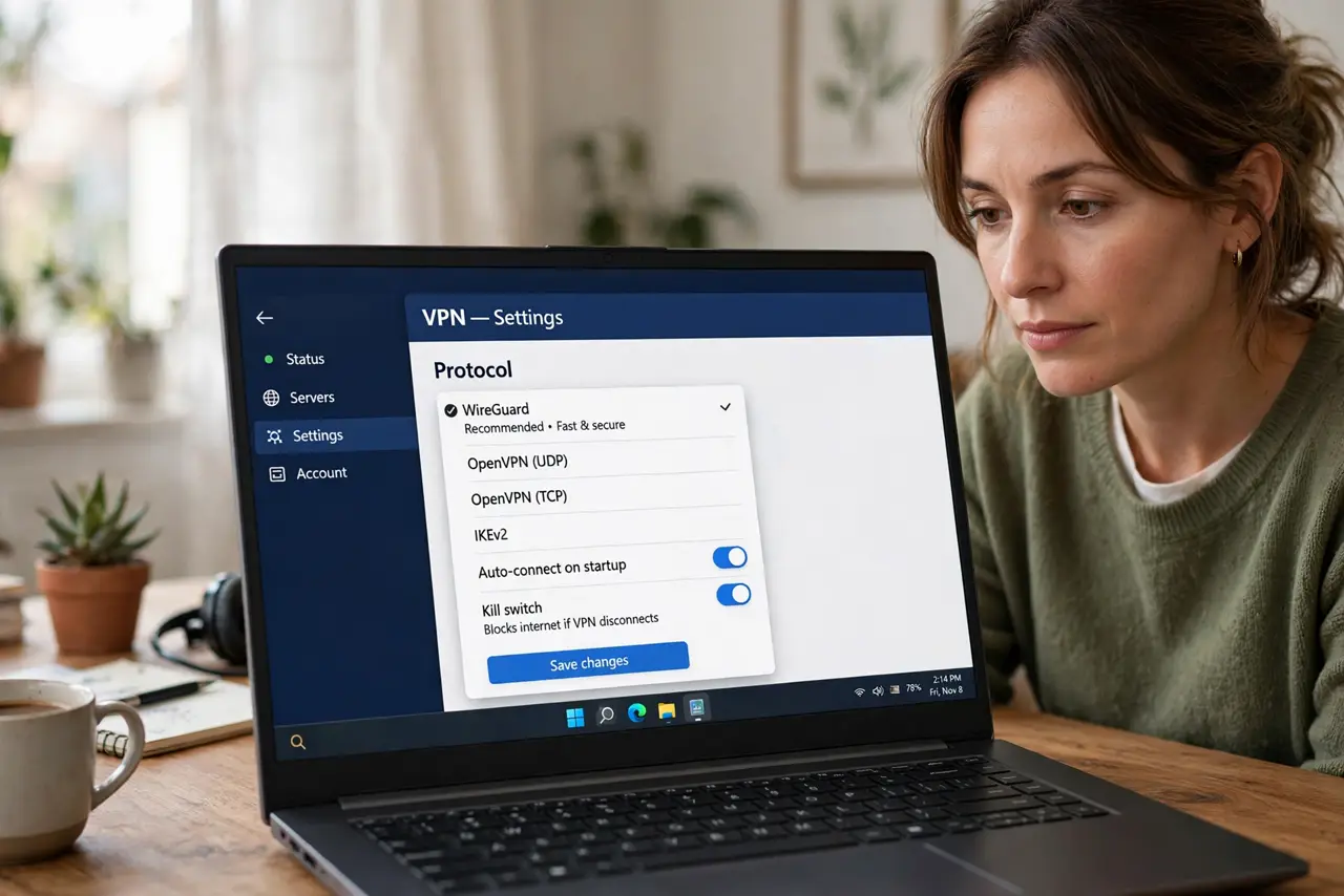 A person at a real laptop showing a VPN app settings screen with a legible protocol dropdown menu, the person's face weighing the options, home office.