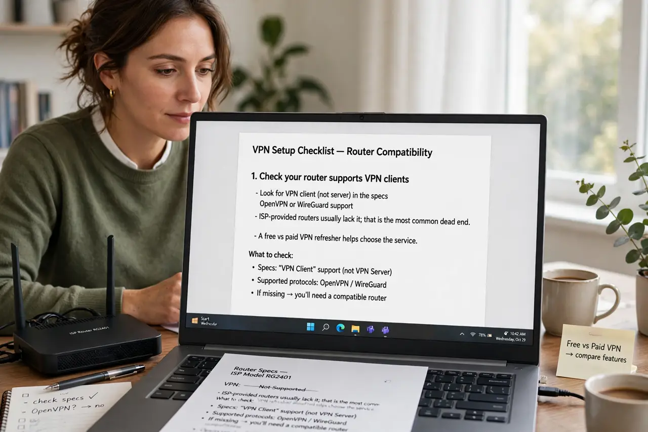 A person performing the first step of the guide: Check your router supports VPN clients. Look for VPN client (not server) in the specs — OpenVPN or WireGuard.