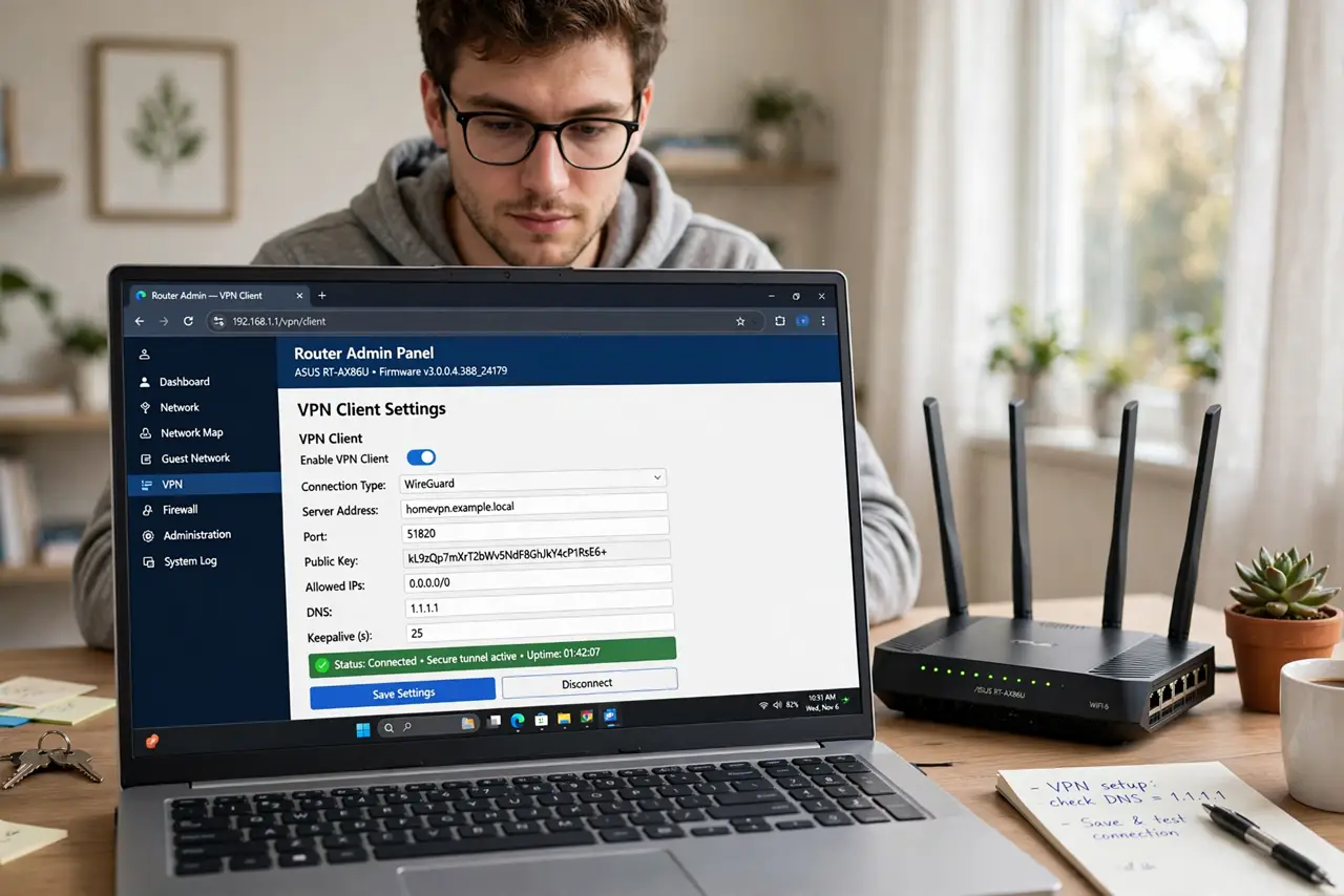 A person configuring VPN client settings on a real laptop showing a router admin page with legible VPN fields, the router hardware beside it, the.