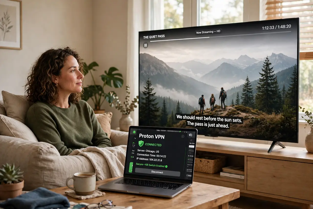A person on a real couch watching a real TV showing a crisp streaming movie with legible subtitles, a real laptop beside showing a VPN app connected to.