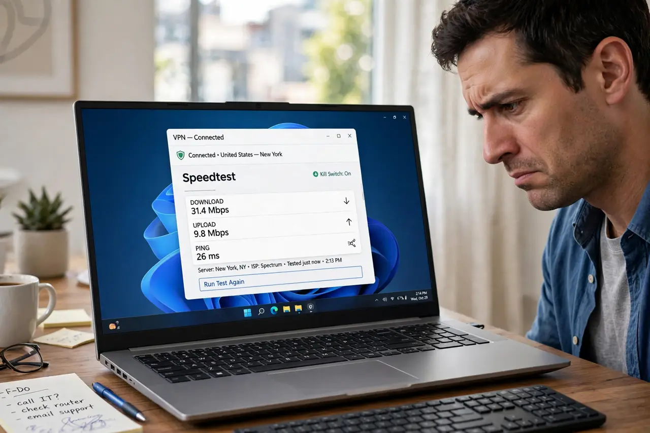 Why Your VPN Slows Everything Down — a person looking at a real laptop showing a VPN app connected with a speed test result legible on screen, the