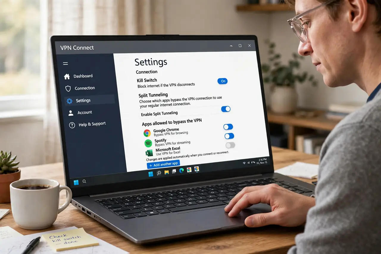 Photoreal photo of a person performing the first step: Open your VPN app's settings. Look for Split Tunneling, Per-app settings, or Allowlist/Exceptio