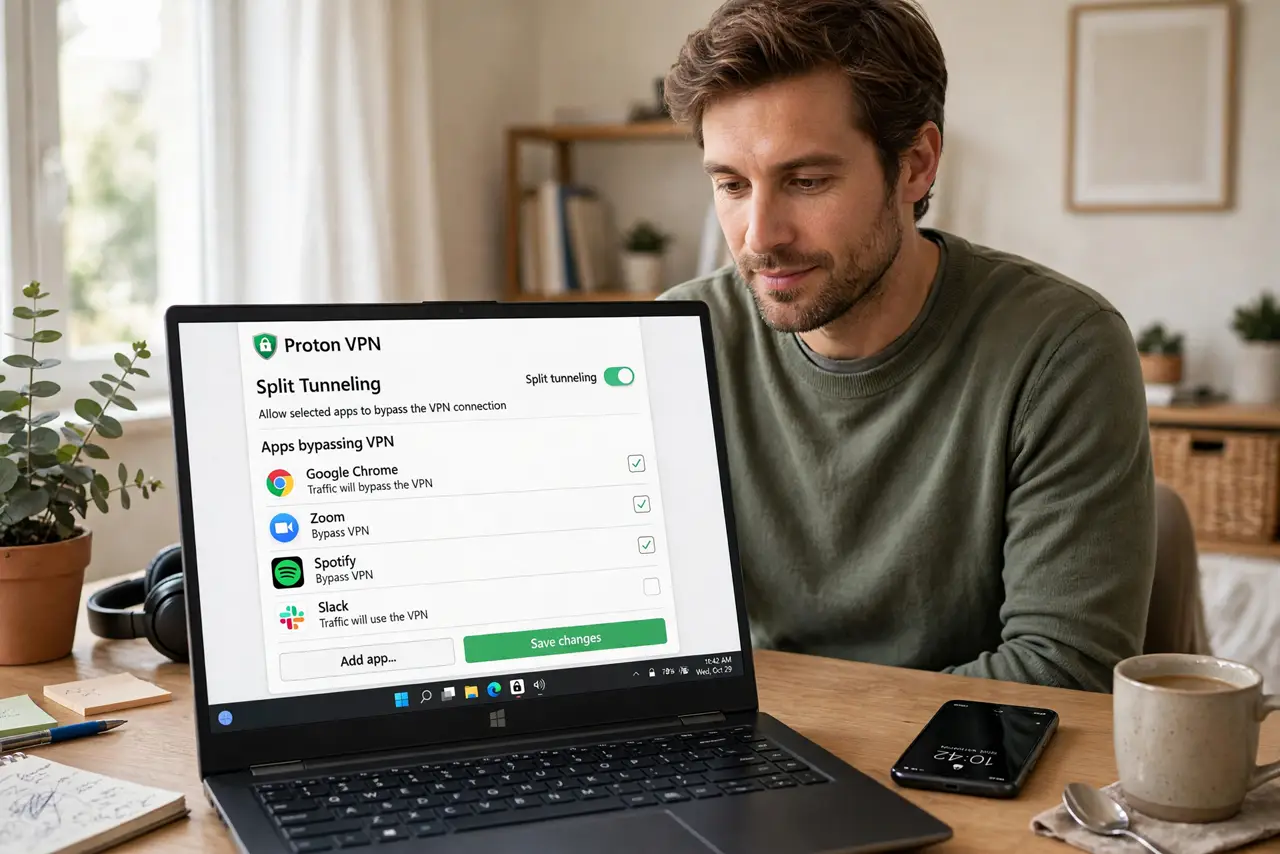 Photoreal photo: a person at a desk with a real laptop showing a VPN app with a legible split-tunneling settings list, a phone beside, the person's face thoughtful, home office. No black screen, no blank white screen, no fake or garbl