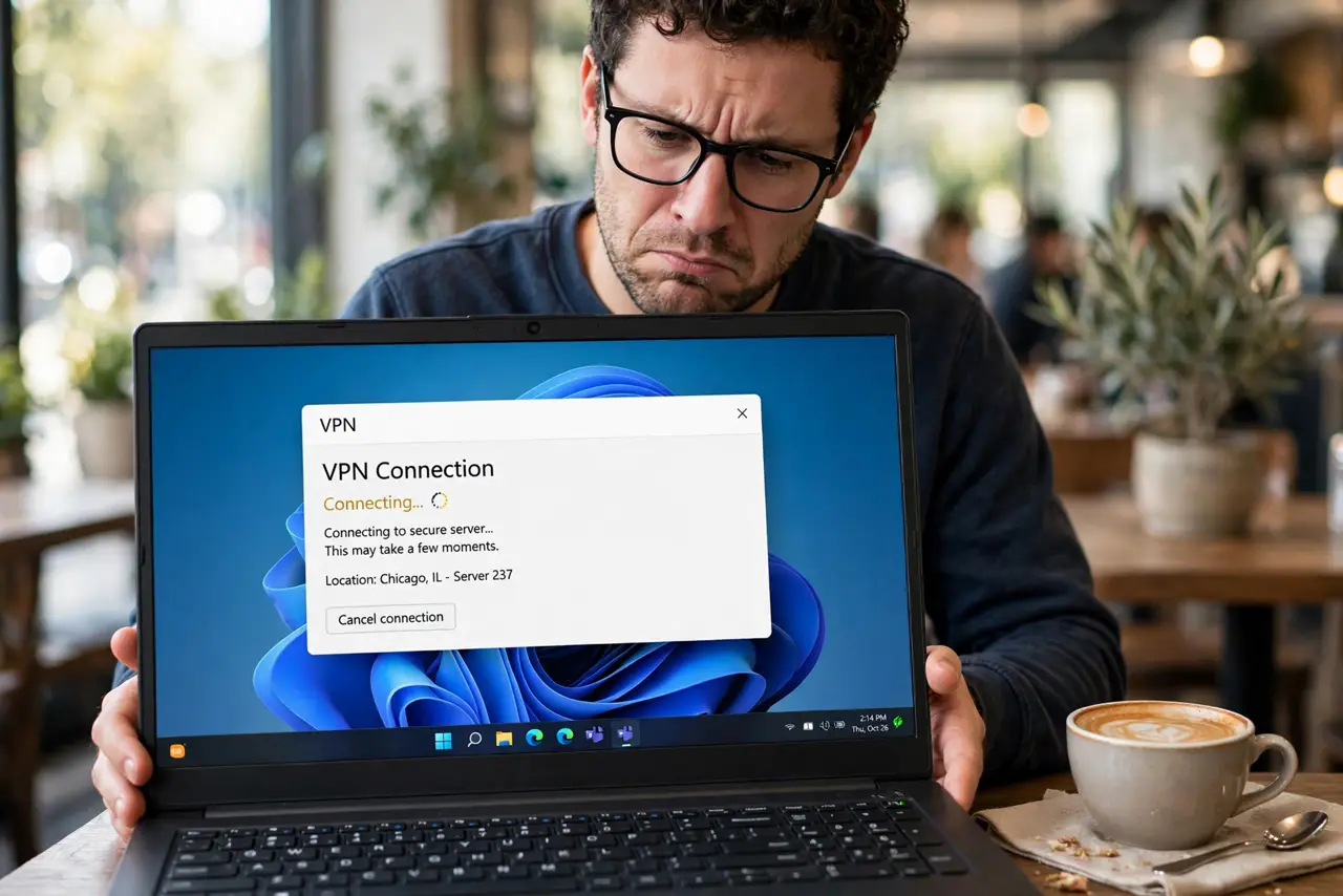 VPN Won't Connect on Public Wi-Fi — a person in a cafe holding a real laptop showing a VPN app stuck on connecting, a coffee cup beside it, the pe
