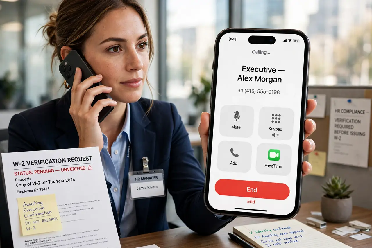 A person performing the first step: Verify the requester by voice. Call the executive at a known number before any W-2 leaves HR. Tax-season urgency is the.