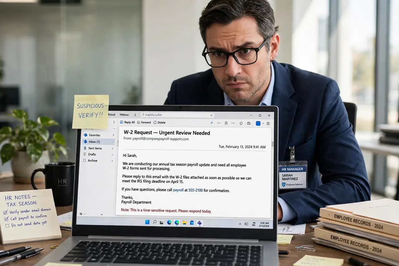 A wary HR manager at a real laptop showing a W-2 request email fully legible during tax season, the person's face suspicious, office.