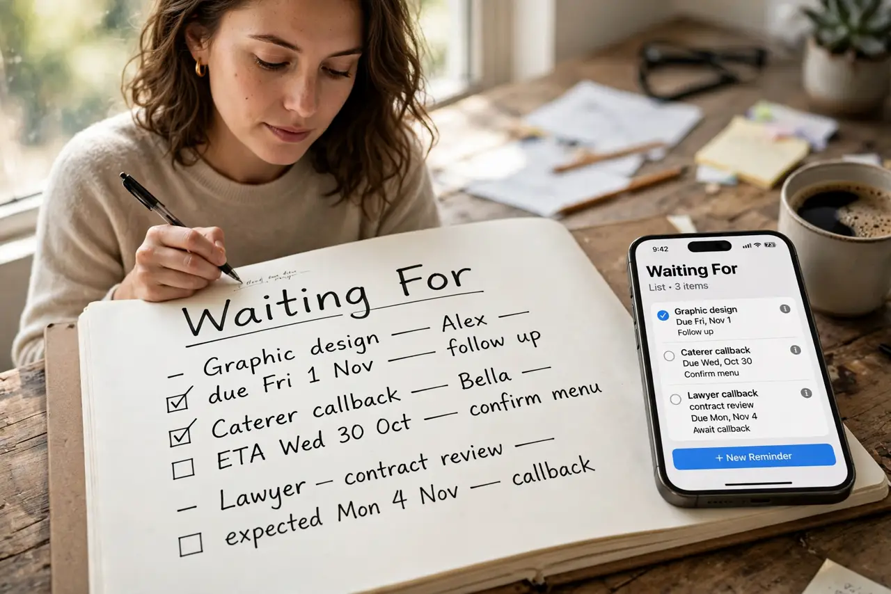 A person performing the guide's first step: Create the list. One note or page titled Waiting For. It sits with your task lists, not in your head — every delegated item, expected…
