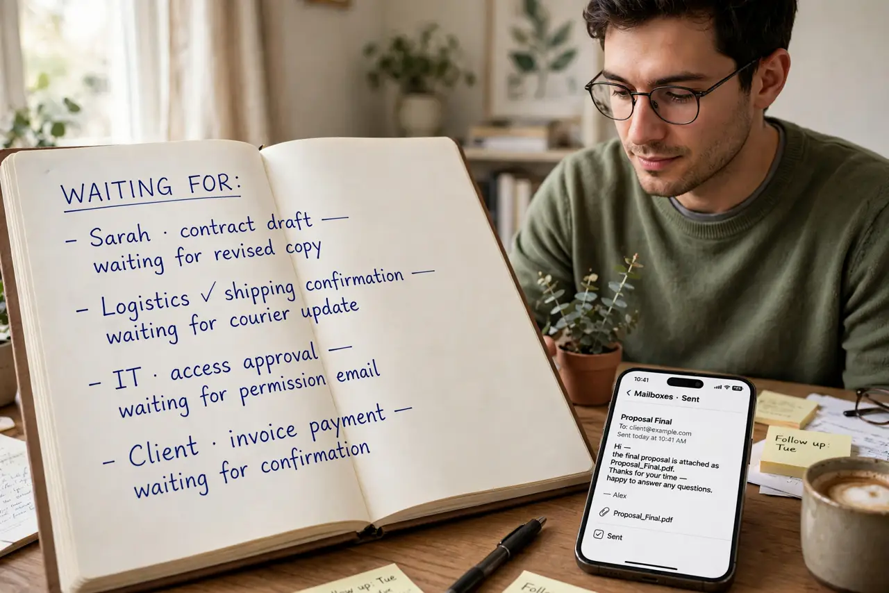 A person checking a real notebook with a legible waiting-for list at a desk, a phone showing a sent email beside it, the person's face organized and calm, home office.