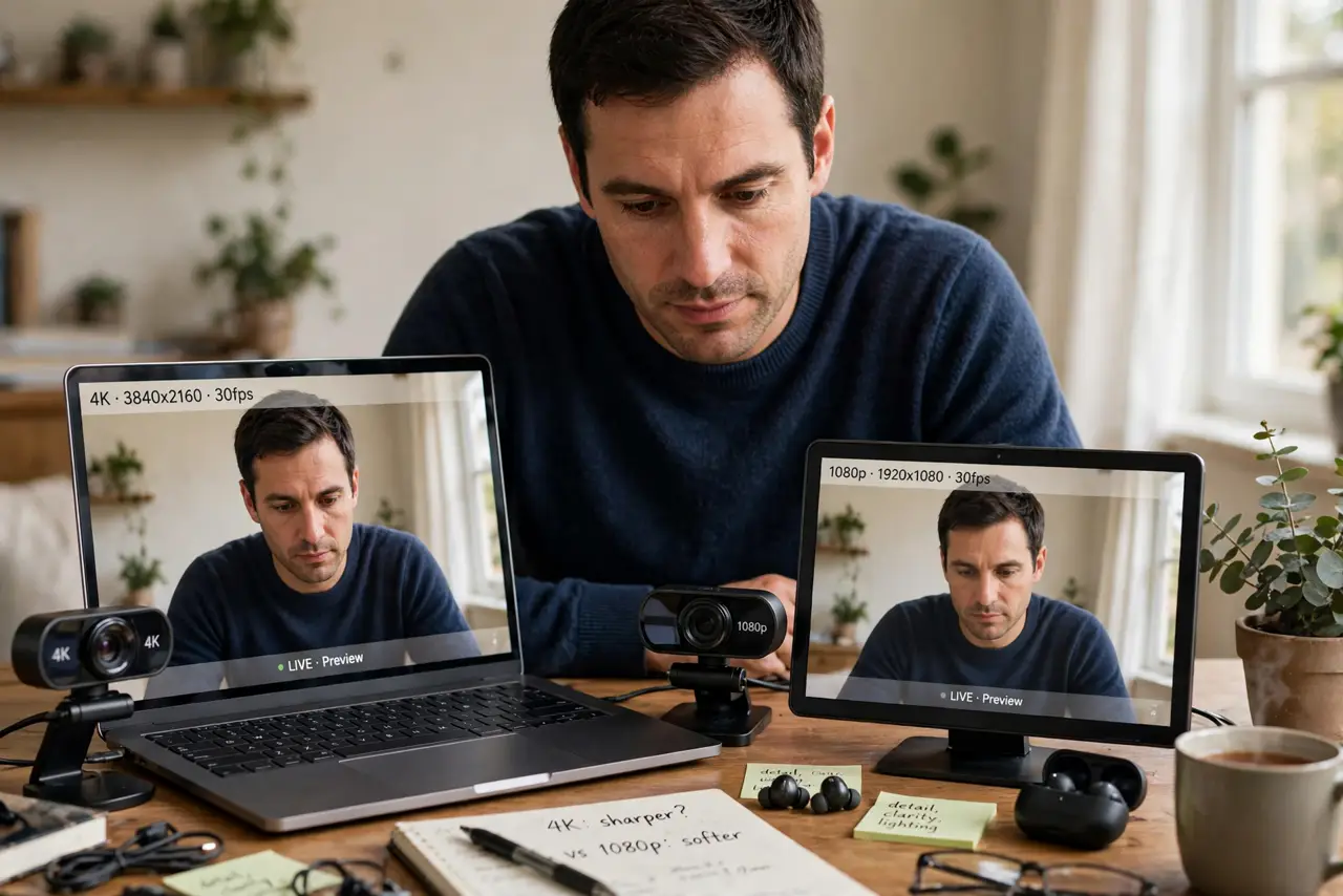 a person comparing two real webcams on a desk, one labeled 4K and one 1080p, both showing legible video previews, the person's face deciding, home office.