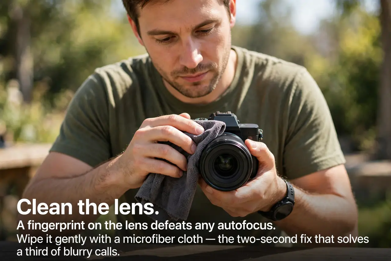 A person performing the first step of the guide: Clean the lens.
