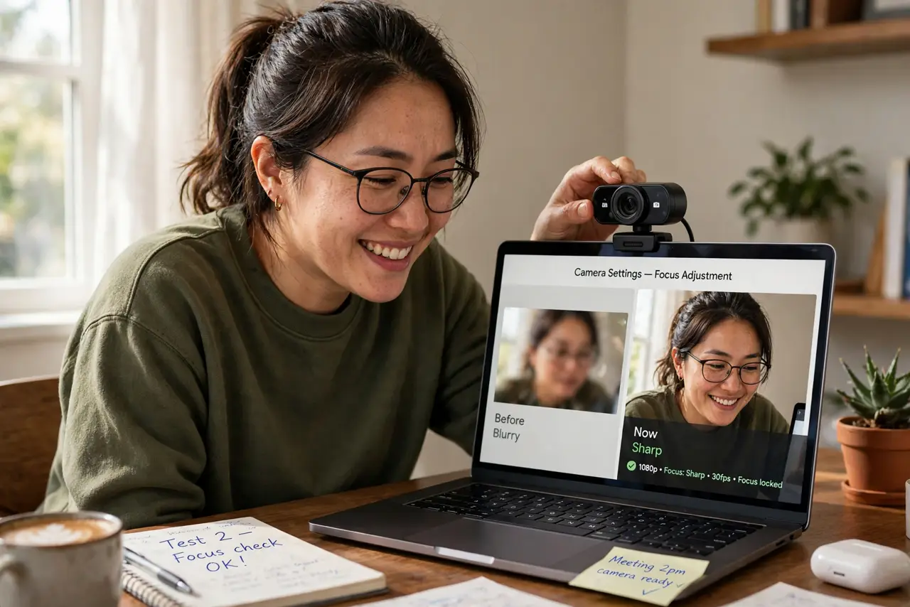 a person adjusting a real webcam's focus with the video preview turning from blurry to legibly sharp, the person's face going from frustrated to pleased, home office.