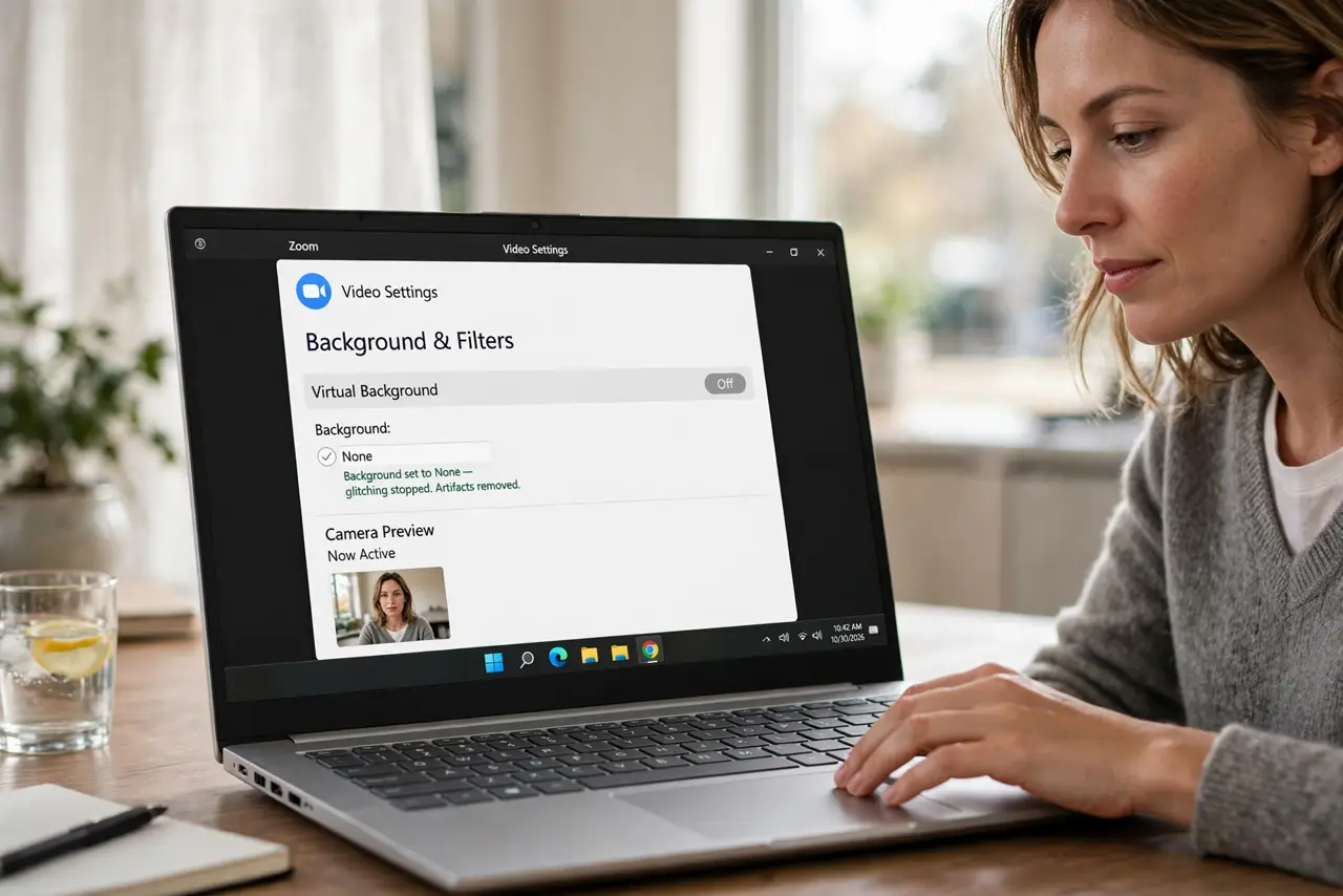 A person performing the first step of the guide: Turn off the virtual background.