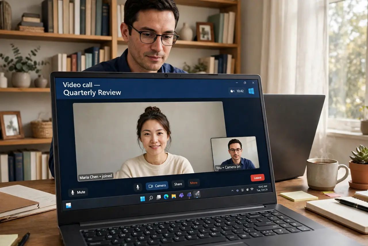a person on a video call with a real tidy bookshelf background, no virtual effects, looking natural and professional, laptop camera view inset showing clean framing, home office.