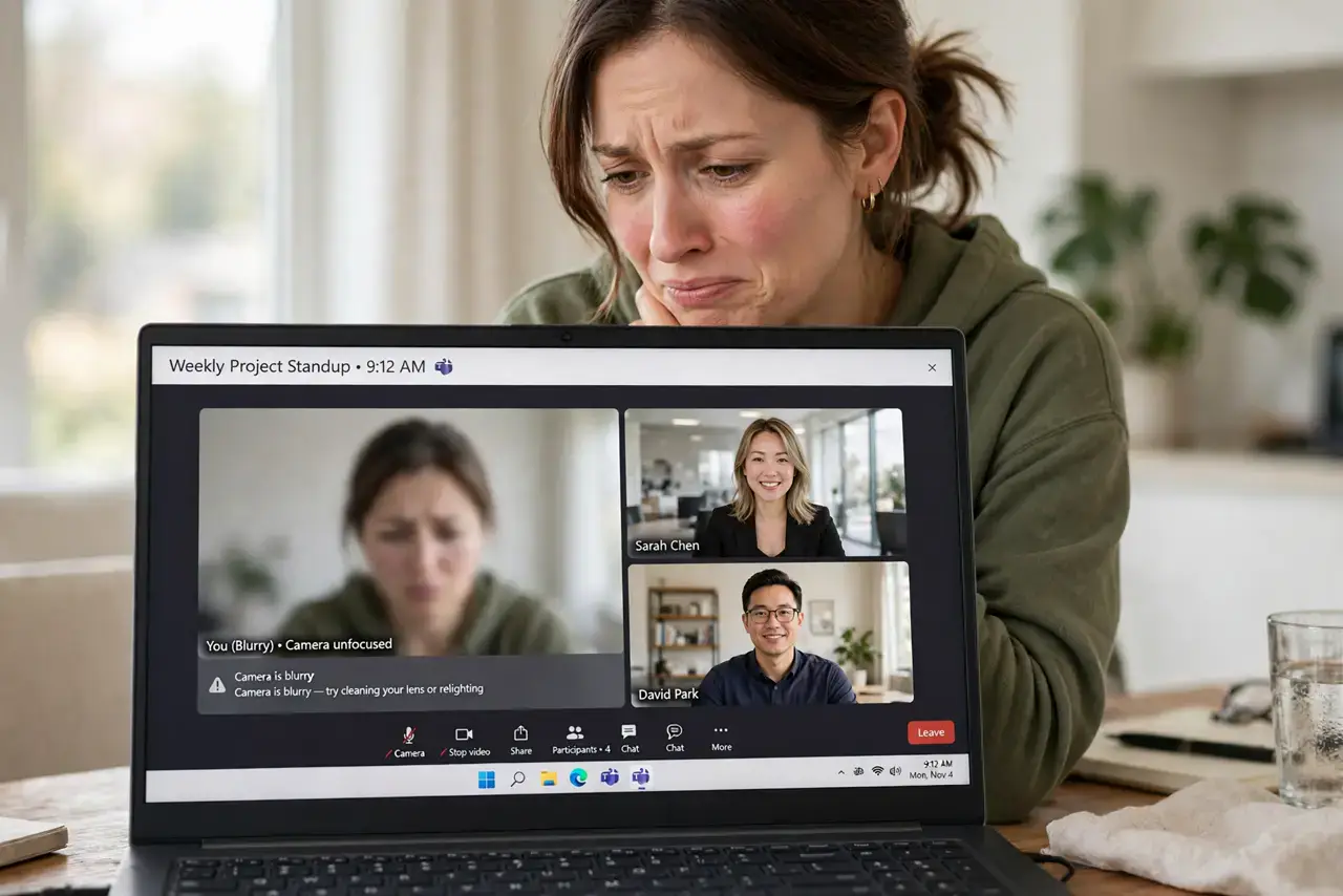 Webcam Blurry on Video Calls — an embarrassed adult on a real laptop video call, the screen showing their blurry self-view next to crisp part