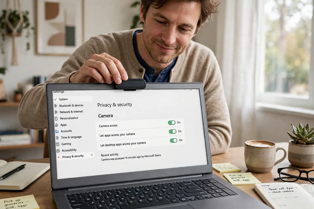 a person sliding a real webcam cover closed on a real laptop, the cover clearly visible over the camera, the person's face reassured, home office. No black screen, no blank white s.