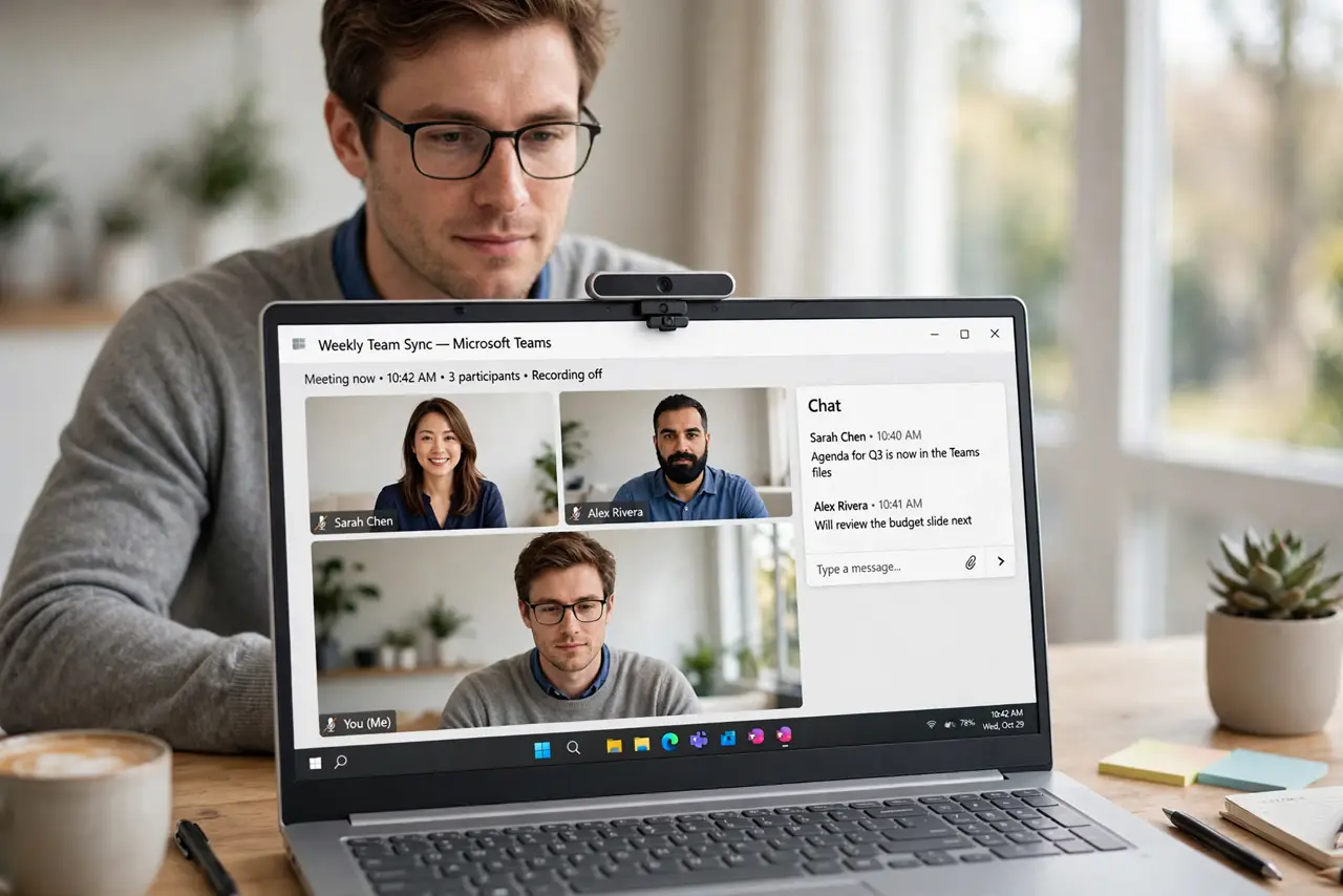 a calm adult at a desk with a real laptop, a small sliding webcam cover visible above the screen, the screen showing a normal video call window with legible text
