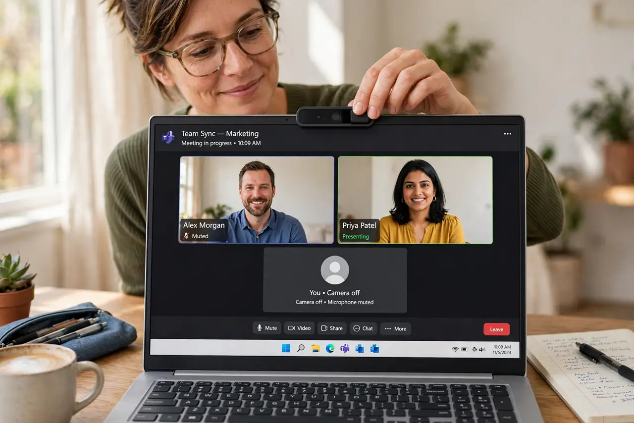 Webcam Cover vs Tape — a practical adult sliding a small webcam cover closed on a real laptop, the laptop screen showing a video call