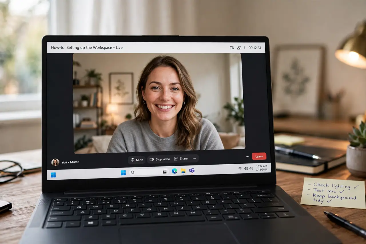a person on a real video call shown on a real laptop screen with well-framed video — face centered in upper third with headroom, the person smiling naturally...