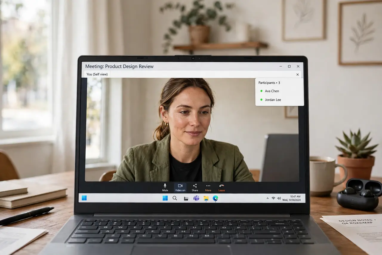 a person on a video call with soft window light on their face, laptop showing a bright clear self-view with legible face, the person's face confident, home office.