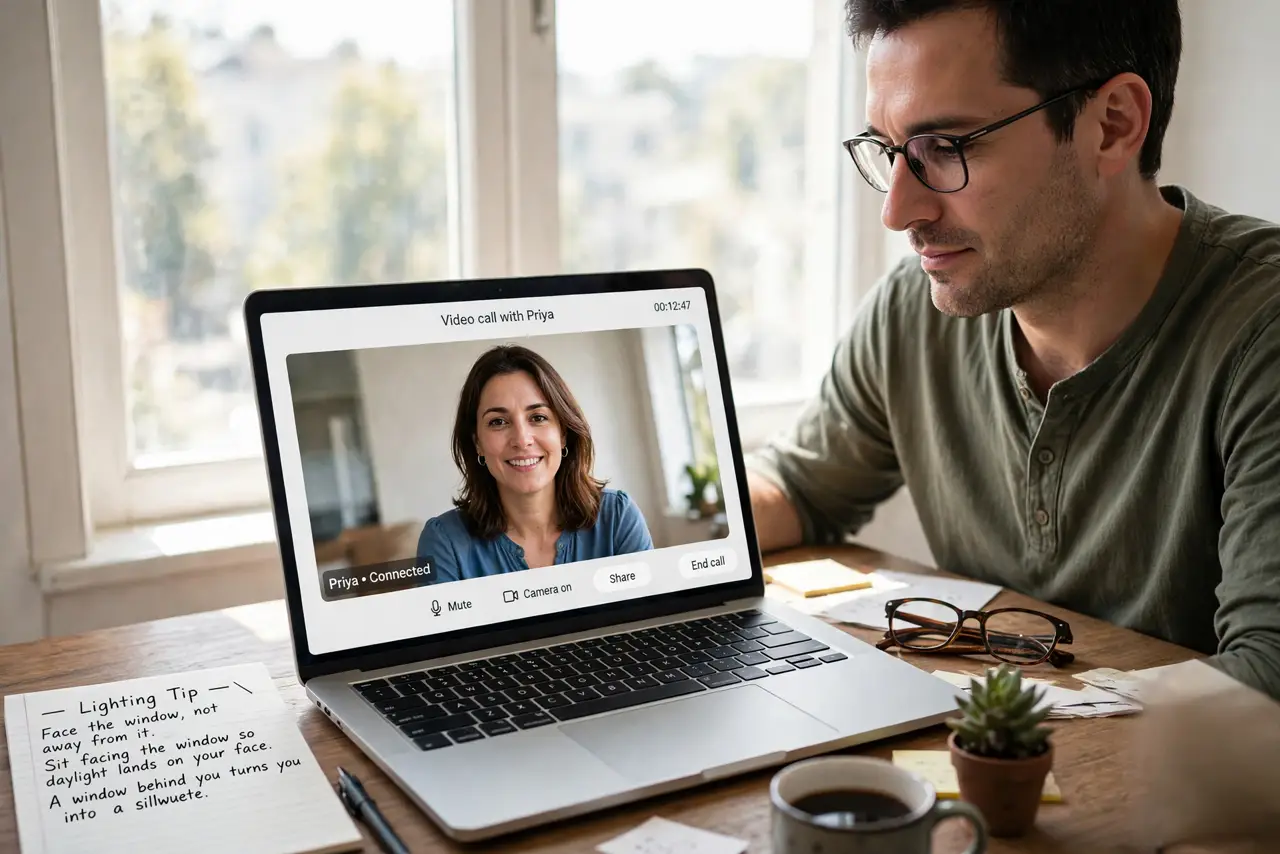 A person performing step 1 of the guide: Face the window, not away from it. Sit facing the window so daylight lands on your face. A window behind you turns you into a...