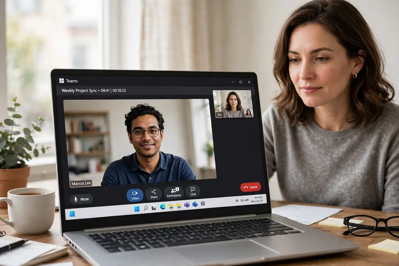 a calm adult on a video call at a desk with a real laptop, soft window light falling on their face from the front, the call window showing a clear image with legible controls