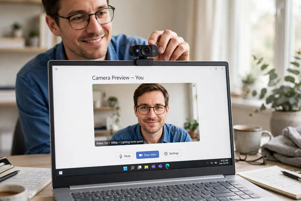 a person adjusting a real webcam mounted at eye level on a monitor, video call preview showing a flattering centered framing with legible face, the person's face pleased, home office.