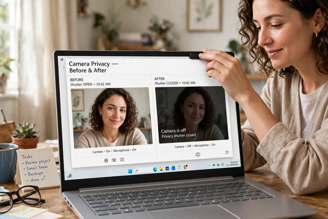 a person sliding closed the real privacy shutter on a webcam with a legible before-and-after view, laptop beside, the person's face reassured, home office.