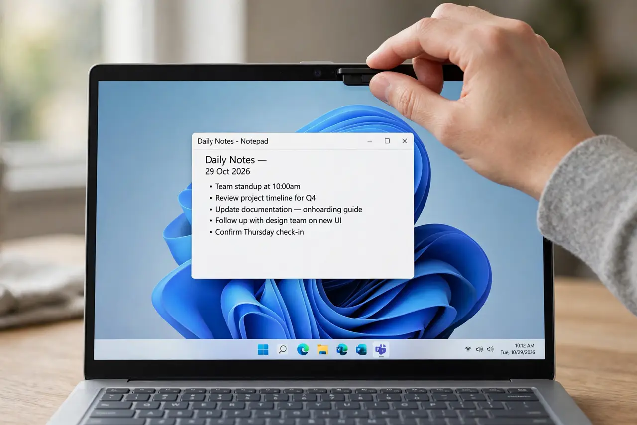 A calm adult sliding open the privacy shutter over the camera at the top of a laptop screen.