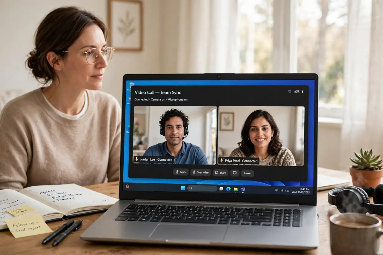 A calm adult at a desk facing a Windows laptop during a video call setup, the camera in view.