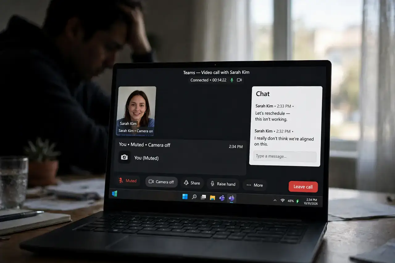 Webcam Too Dark on Calls — a dimly lit adult on a real laptop video call appearing as a dark silhouette, the screen showing the call inte
