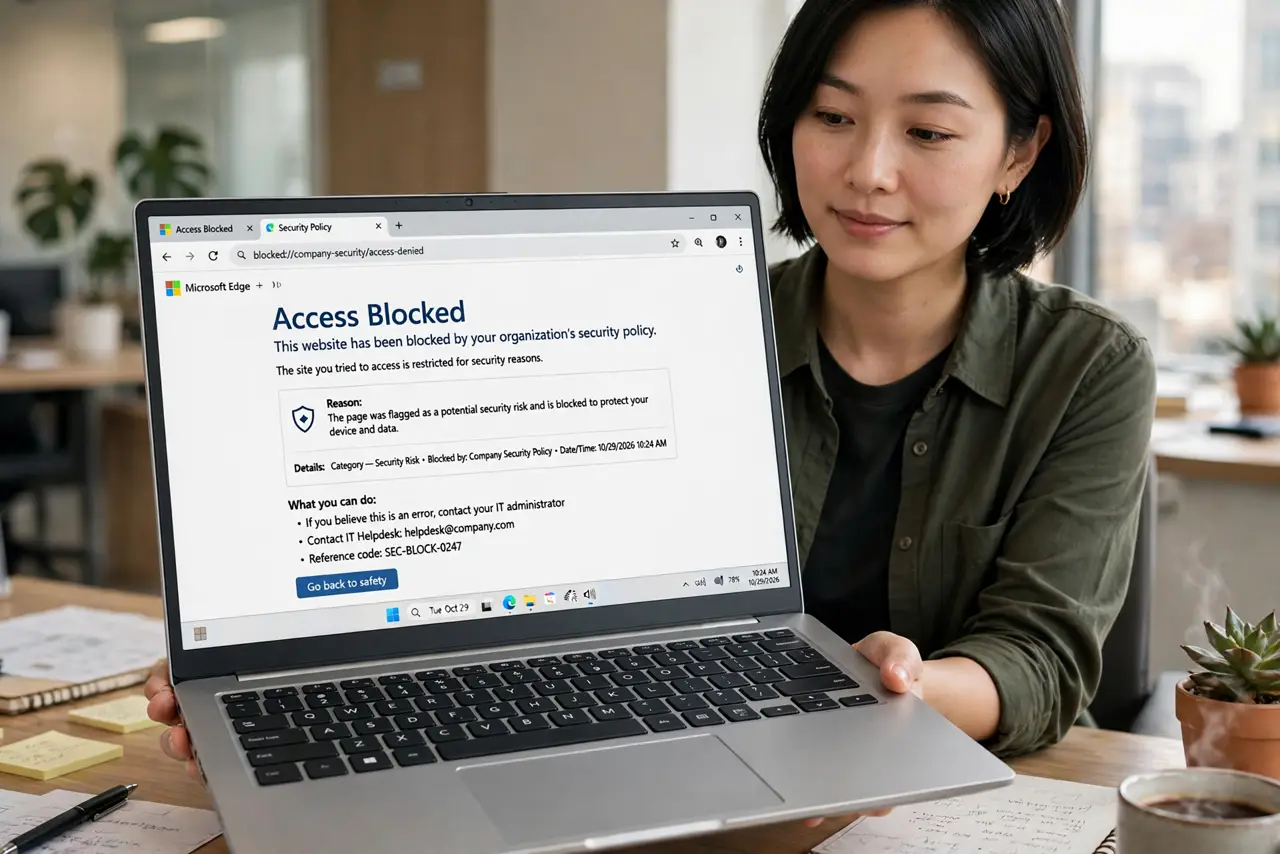 Website Blocked on Work Wi-Fi — a calm adult at an office desk holding a real laptop showing a blocked-page notice with fully legible text, th