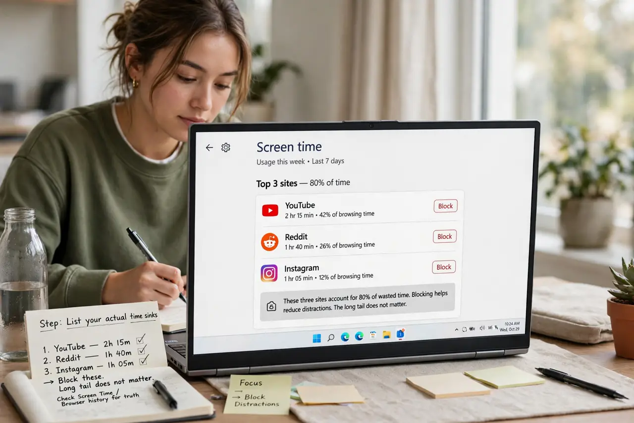 A person performing the first step of the guide: List your actual time sinks. Check Screen Time or your browser history for the truth — it is usually three.