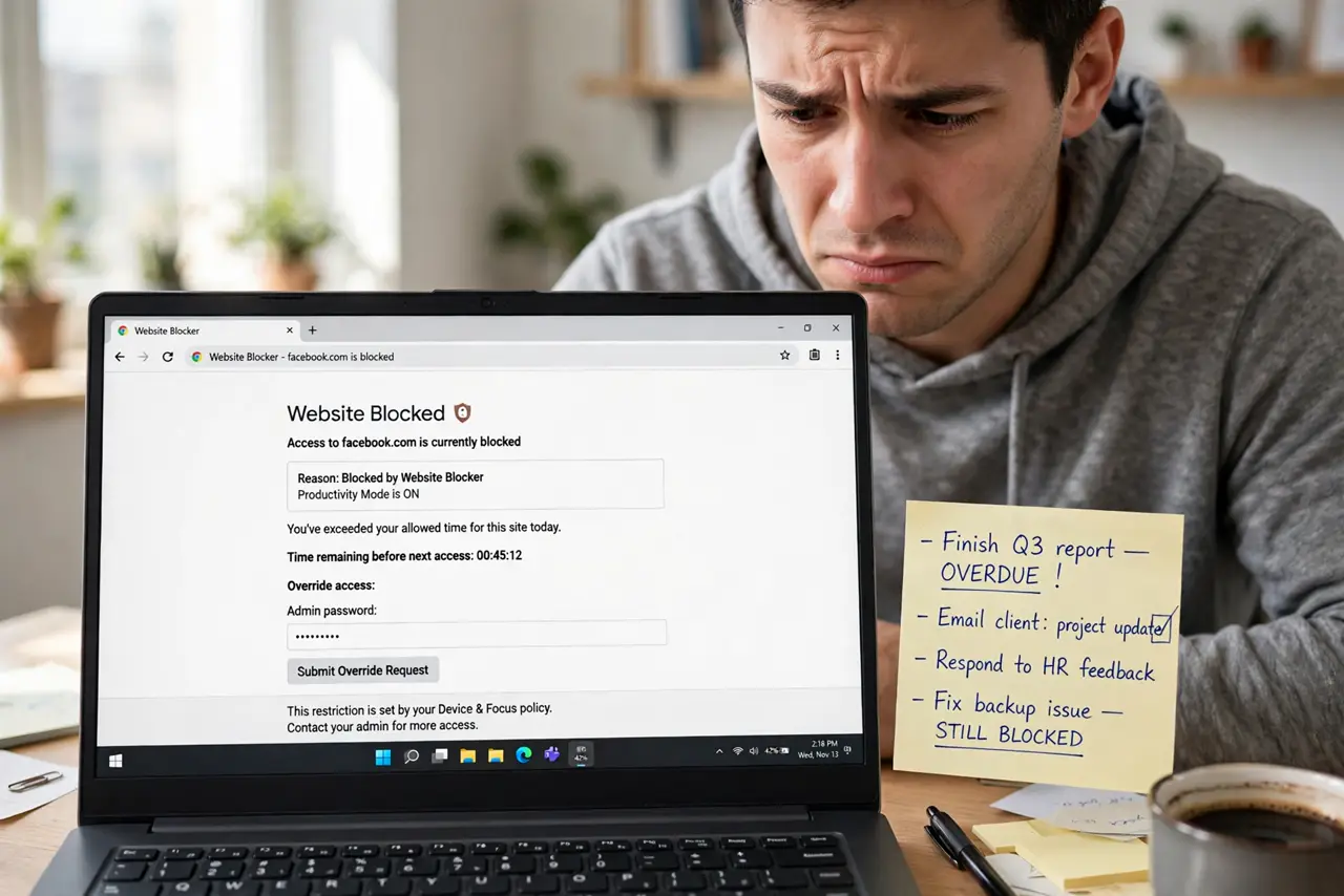A person working on a real laptop showing a website blocker page with a legible blocked message, a to-do list beside it, the person's face focused.