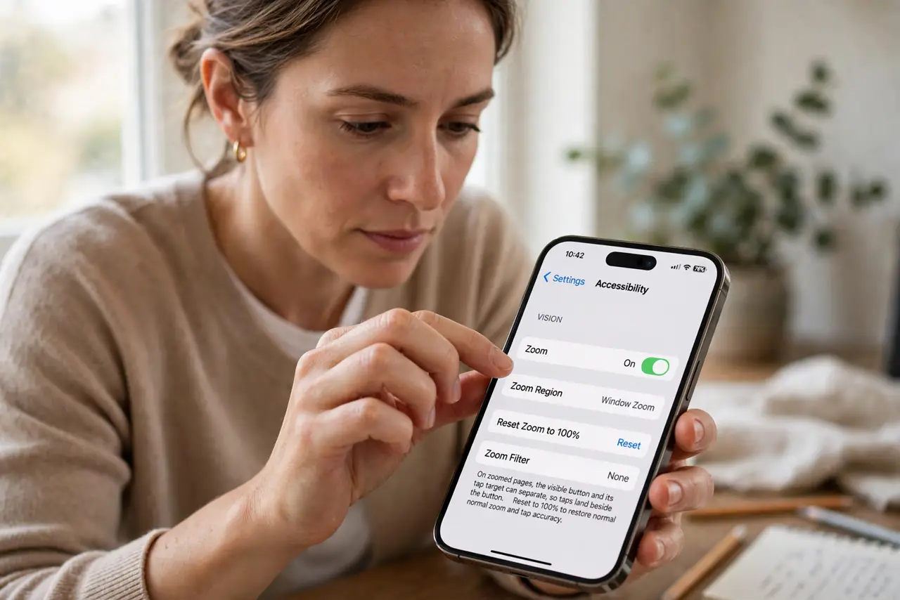 A person performing step 1 of the guide: Reset the zoom to 100 percent. Pinch back to normal zoom. On zoomed pages, the visible button and its tap target can separate, so taps land beside the button.