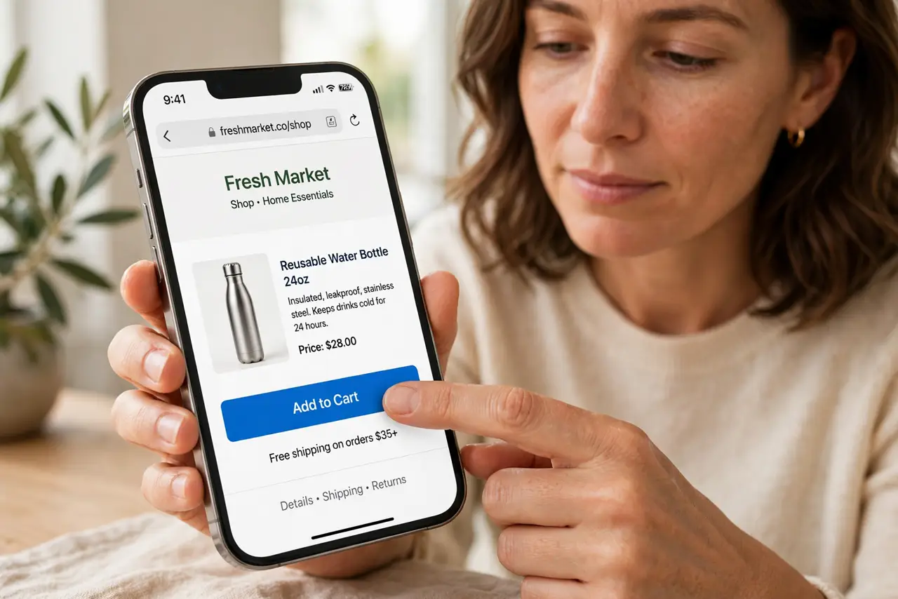 a calm adult tapping a real phone screen showing a website with a visible button, the finger mid-tap, screen text legible. No black screen, no blank white screen, no fake or garbled screen text.