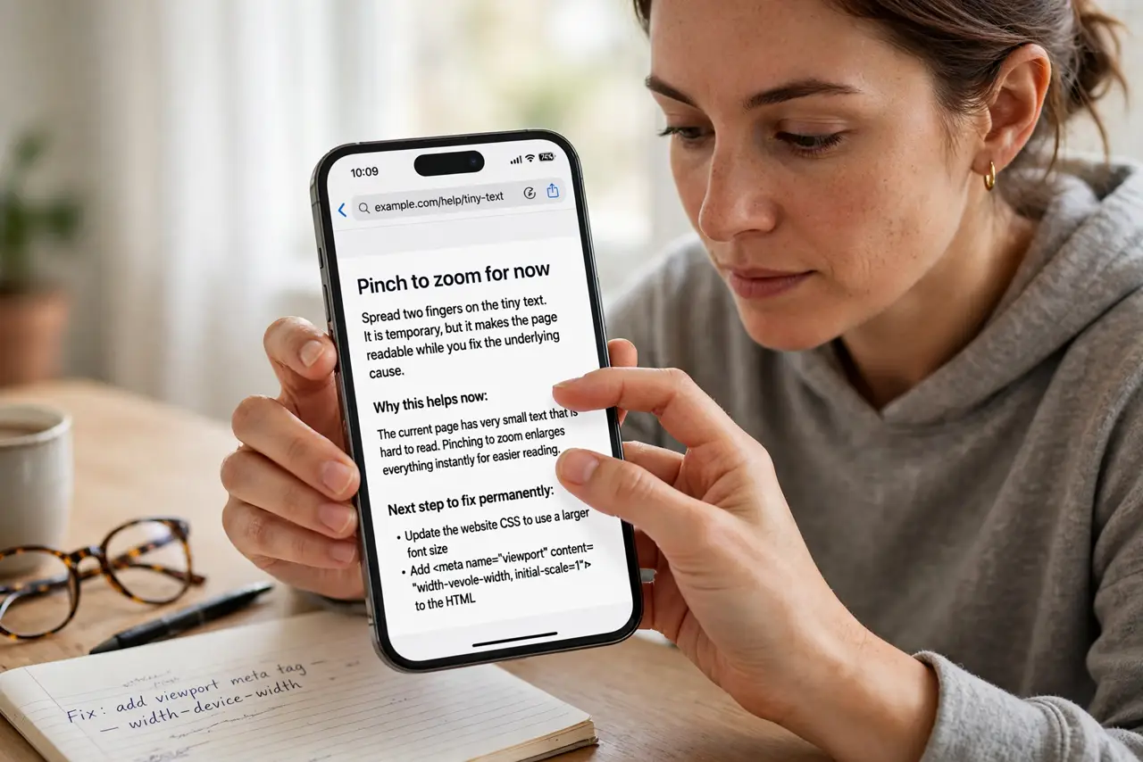 A person performing step 1 of the guide: Pinch to zoom for now. Spread two fingers on the tiny text. It is temporary, but it makes the page readable while you fix the underlying cause.