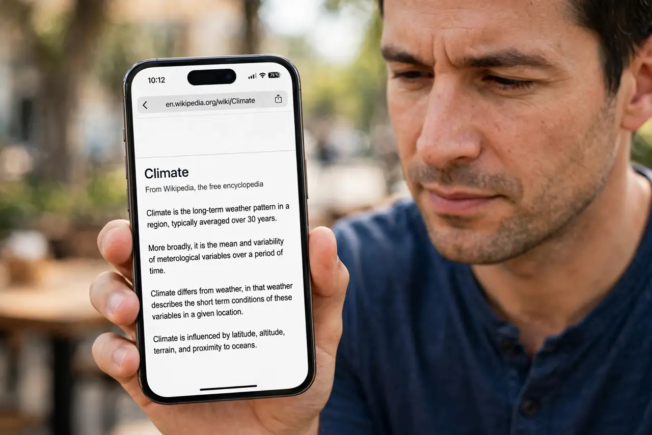 a calm adult holding a real phone showing a website with tiny unreadable text, squinting slightly, screen text visibly small. No black screen, no blank white screen, no fake or garbled screen text.