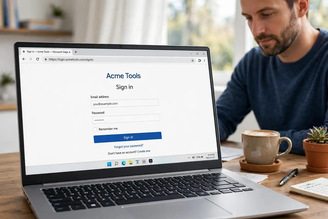 Photorealistic photo: A calm adult at a desk with a real Windows laptop, a website login page open in the browser with the sign-in form visible, screen text legible.