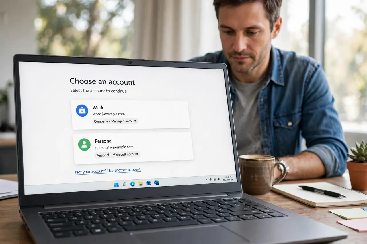Photorealistic photo: A calm adult at a desk with a real Windows laptop, a website account chooser open on screen showing two account options, screen text legible, no personal names readable.