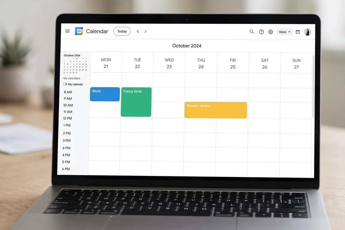 A Google Calendar week view with a few colored time blocks labeled Work, Focus time, and Weekly review.