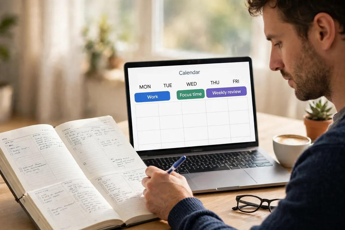 A man planning his week in a paper planner beside a laptop showing a Google Calendar week view with Work, Focus time and Weekly review blocks.